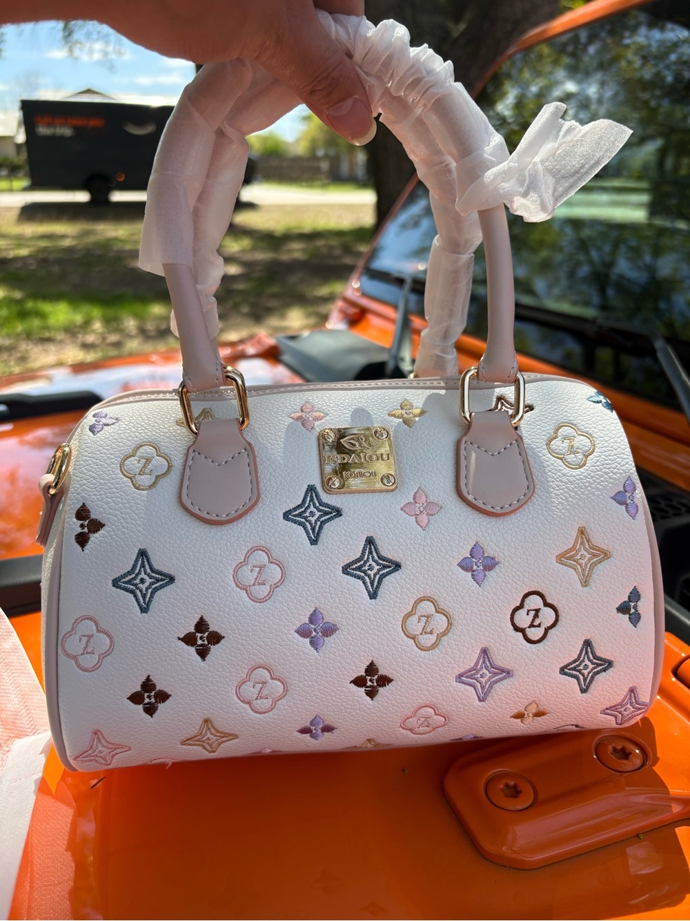 White Multicolor Embroidered Satchel Handbag